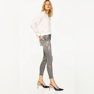 Zara Gray Painted Floral Skinny Jeans